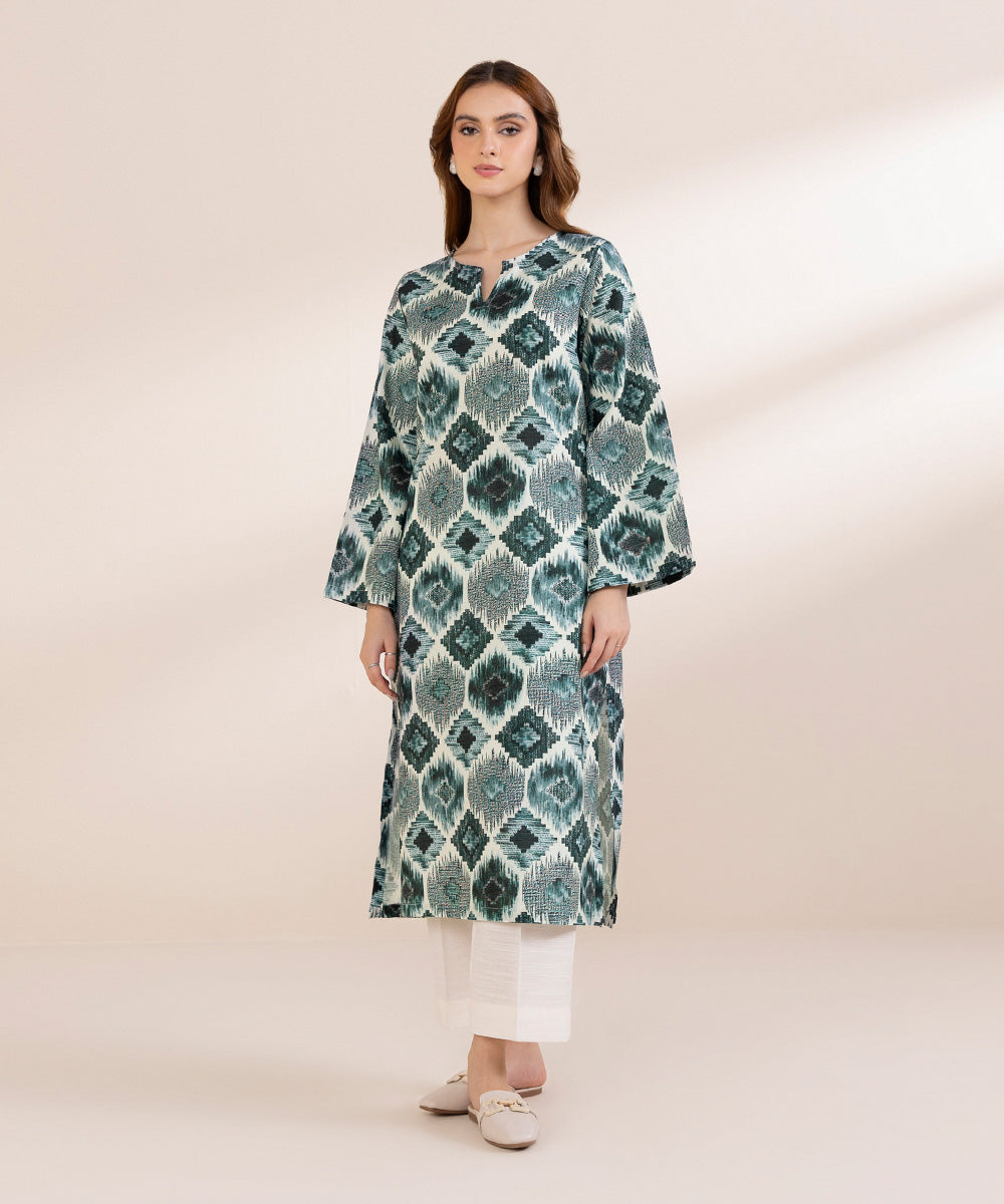 Women's Pret Khaddar Green Printed A-Line Shirt