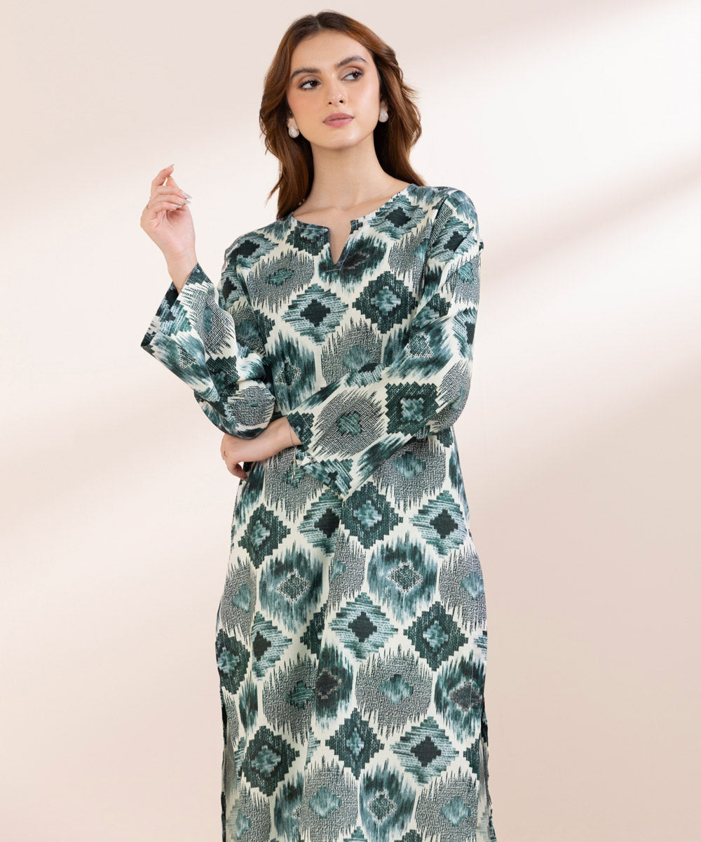 Women's Pret Khaddar Green Printed A-Line Shirt