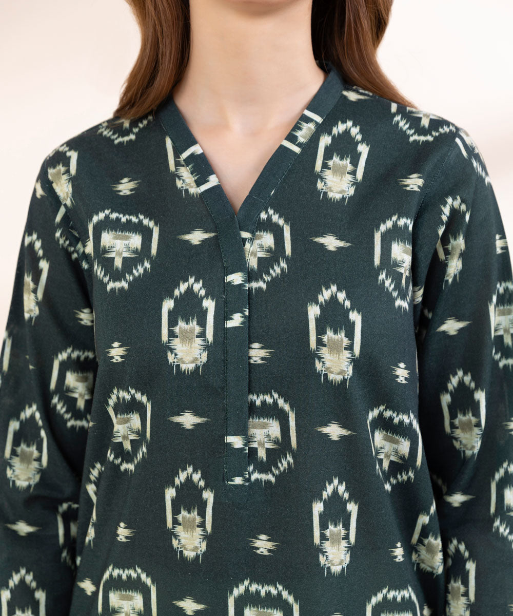 Women's Pret Khaddar Green Printed Straight Shirt