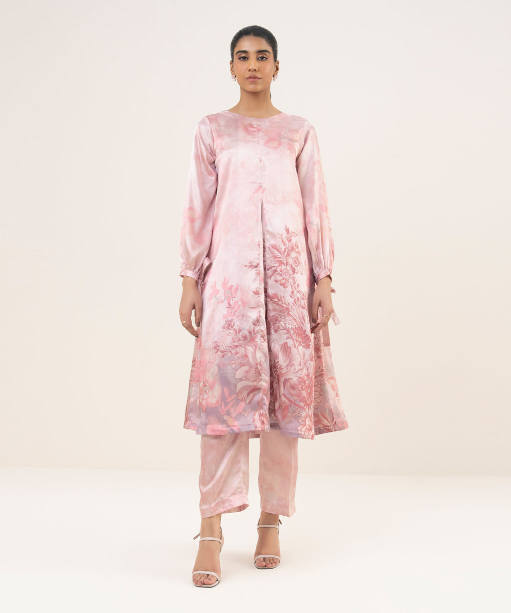 Women's RTW Blended Satin Pink Printed 2 Piece Suit