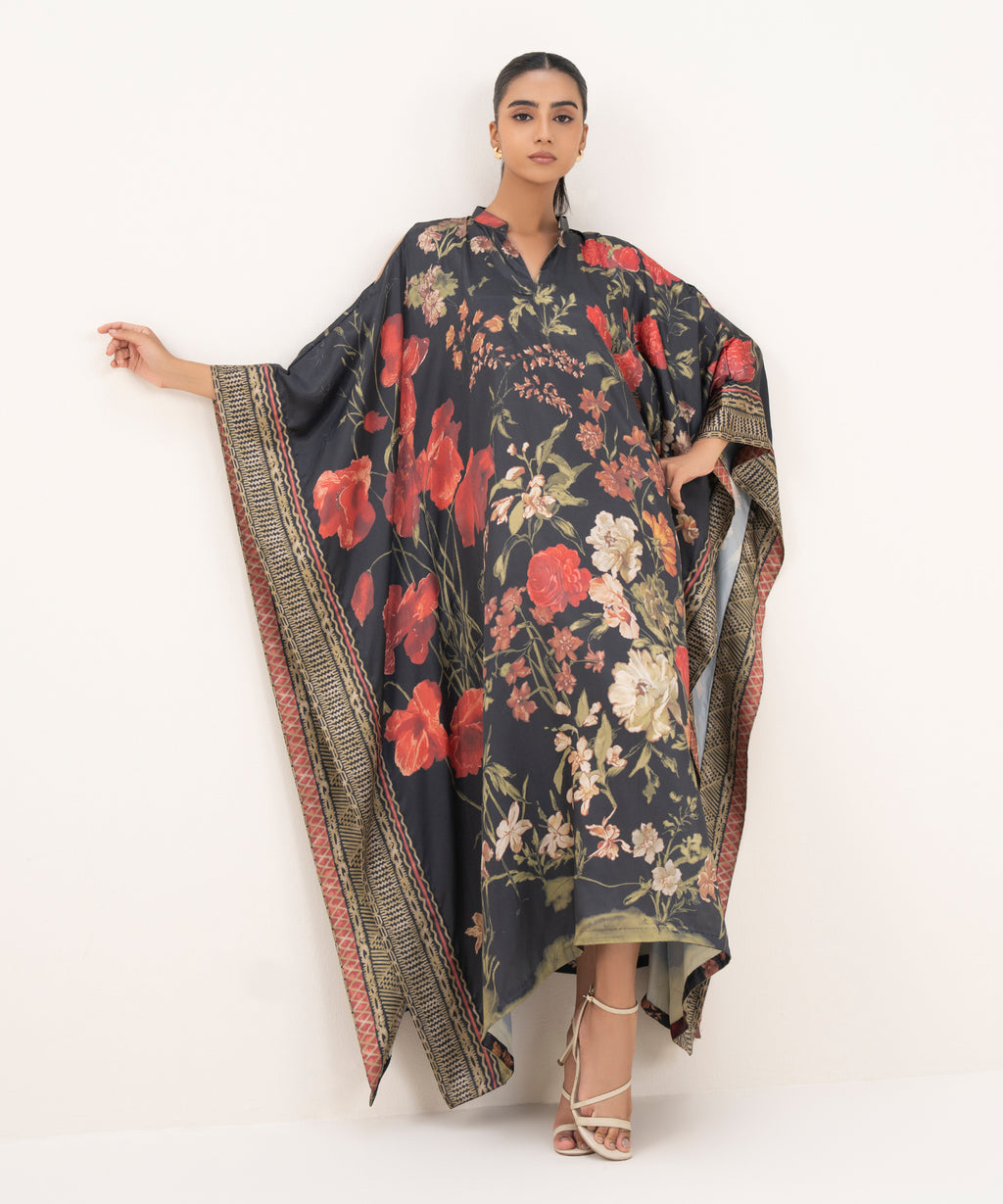 Women's RTW Blended Satin Black Printed Kaftan