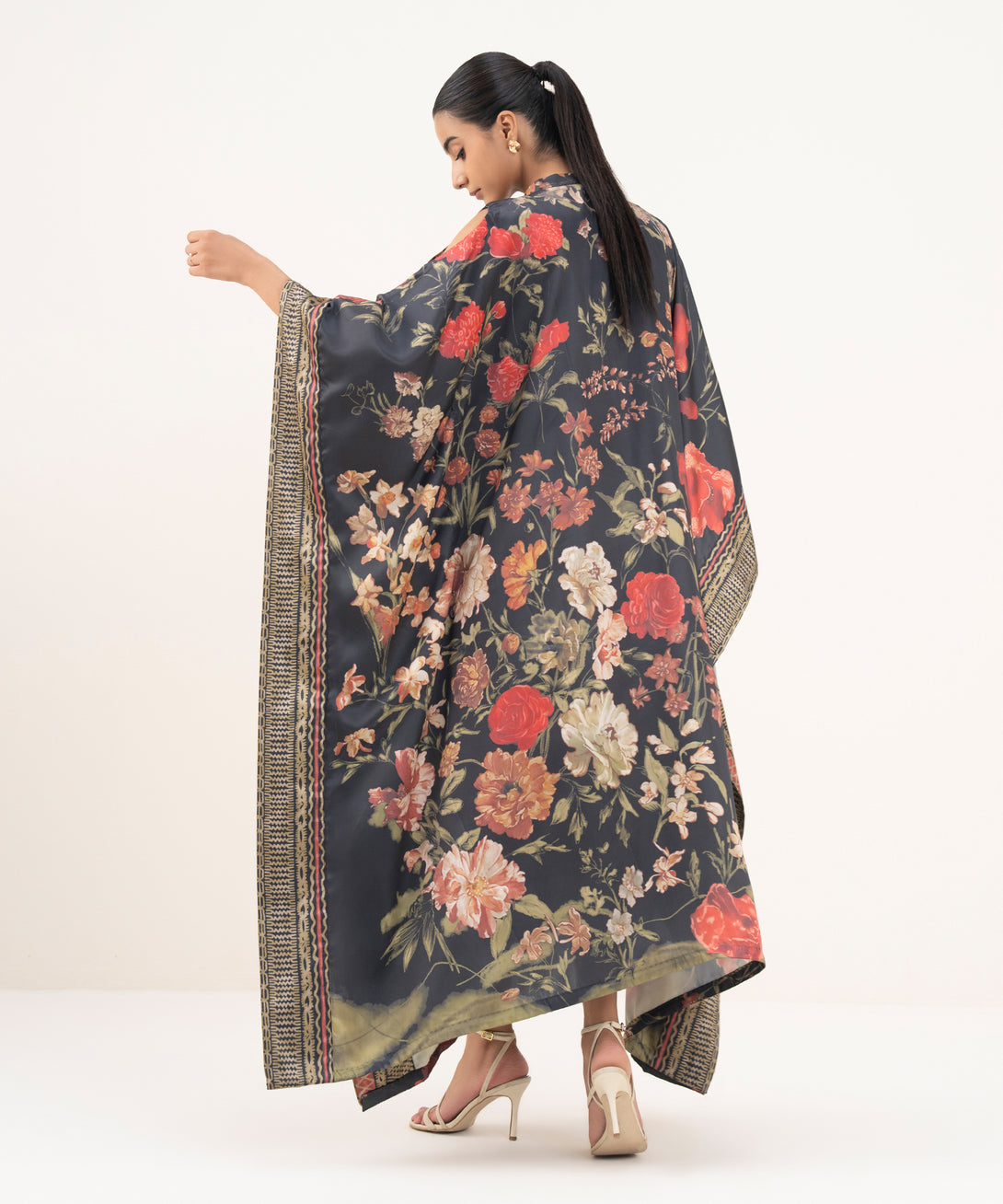 Women's RTW Blended Satin Black Printed Kaftan