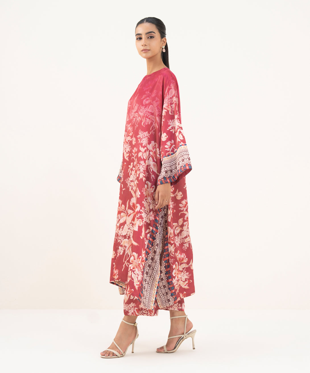 Women's RTW Blended Satin Pink Printed A-Line Shirt