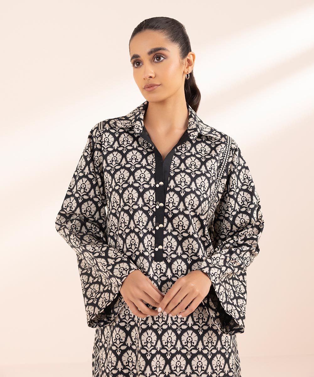 Women's Unstitched Lawn Black Printed Shirt