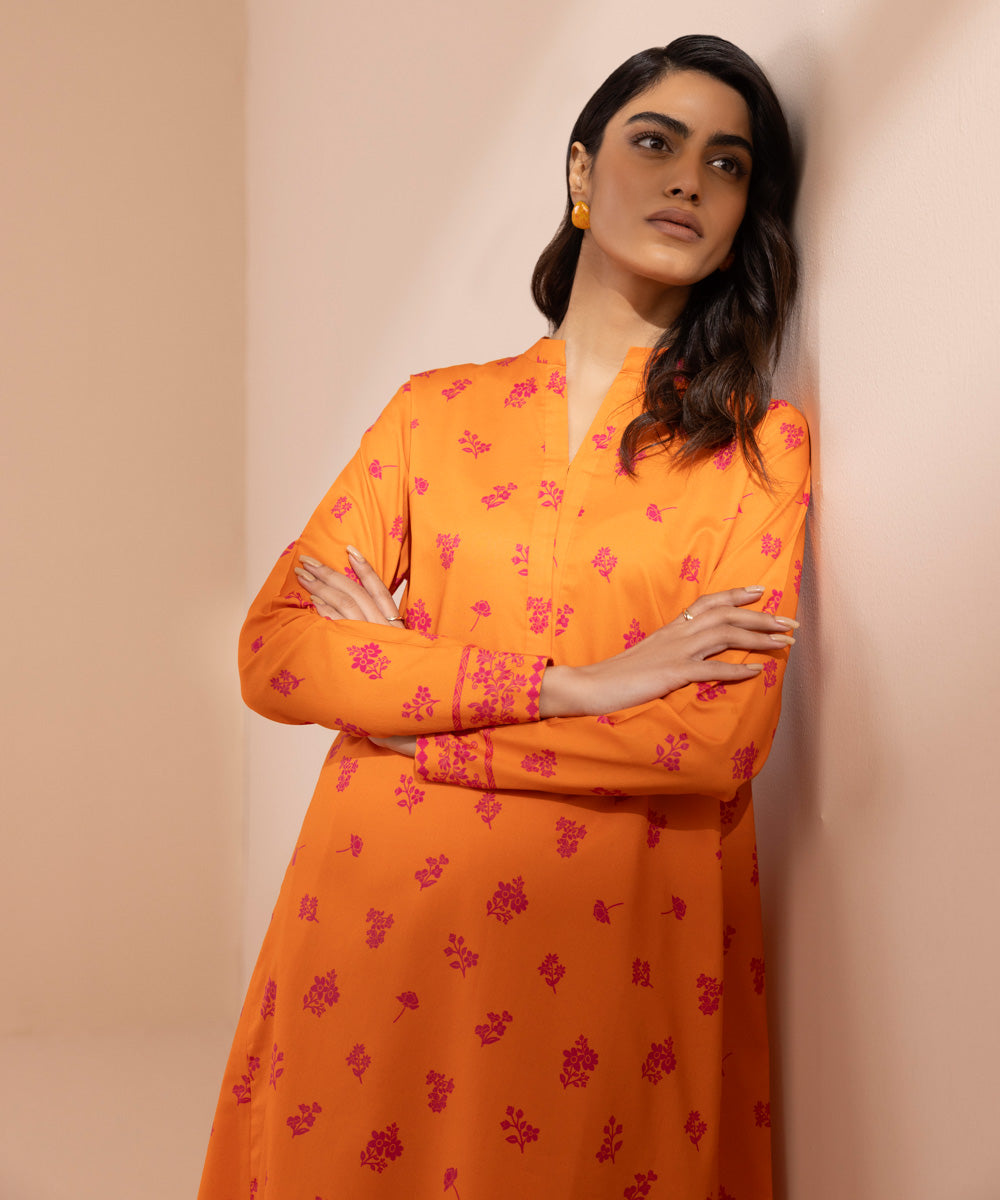 Women's Unstitched Lawn Printed Orange Shirt