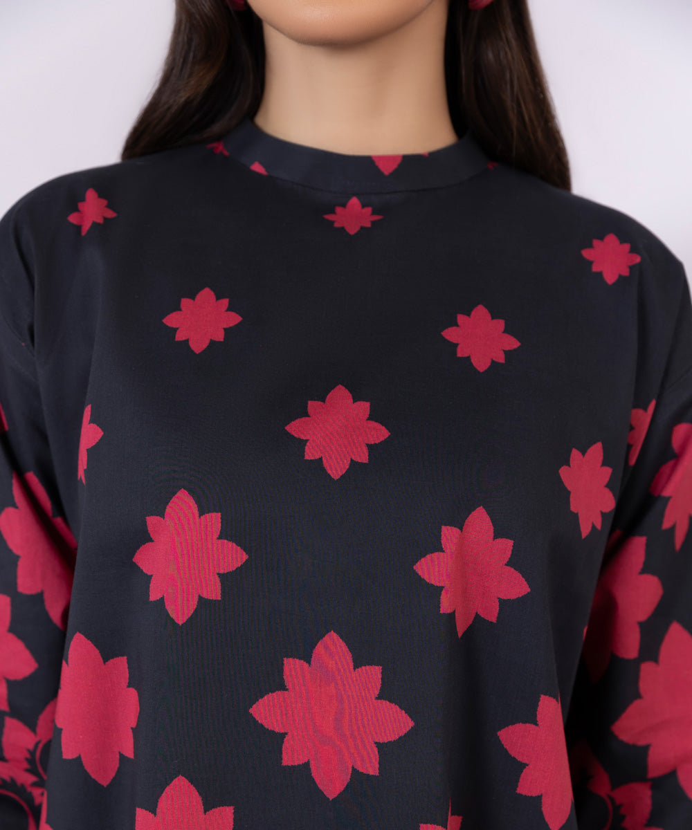 Women's Unstitched Lawn Printed Black and Dark Pink Shirt