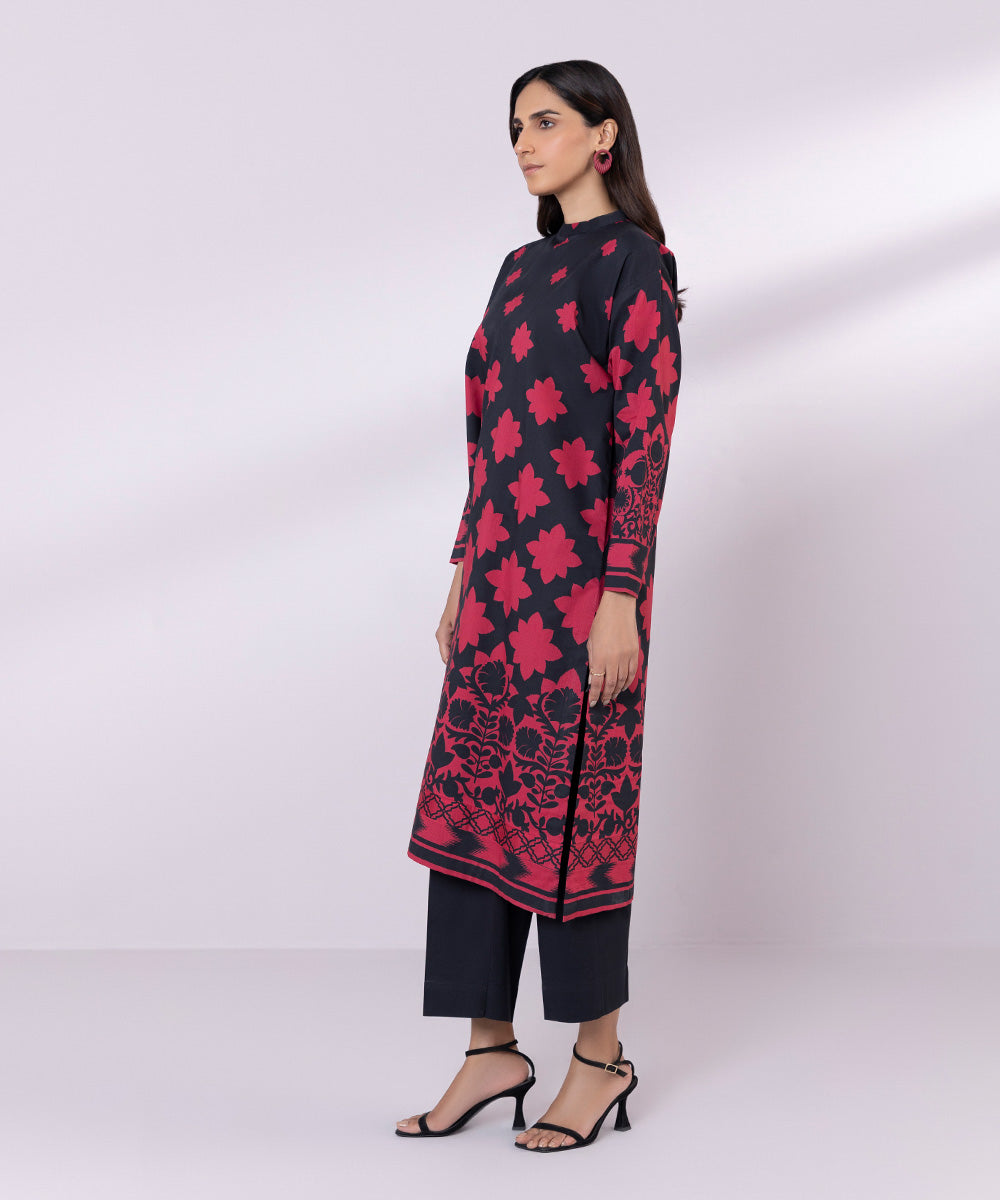 Women's Unstitched Lawn Printed Black and Dark Pink Shirt