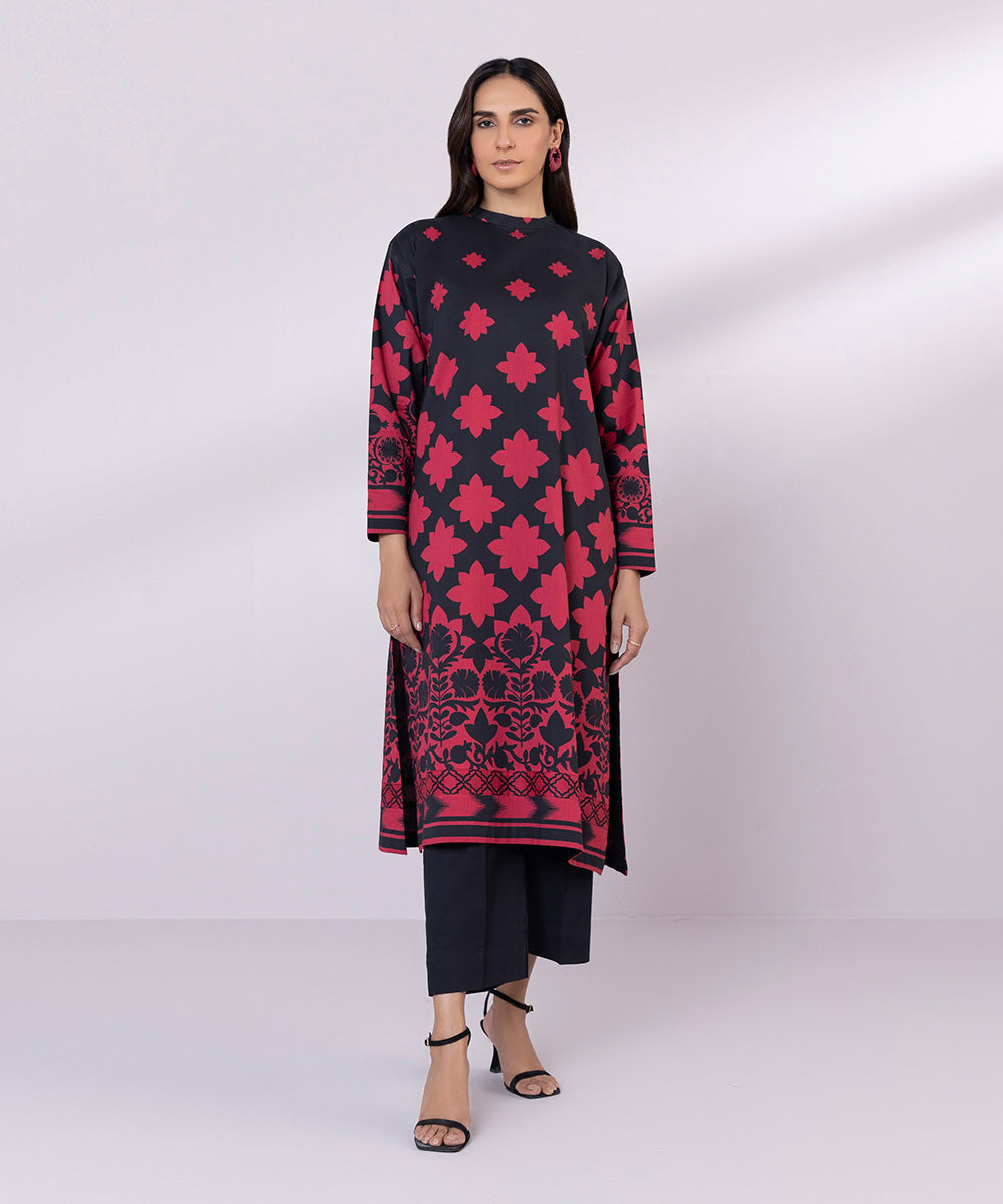 Women's Unstitched Lawn Printed Black and Dark Pink Shirt