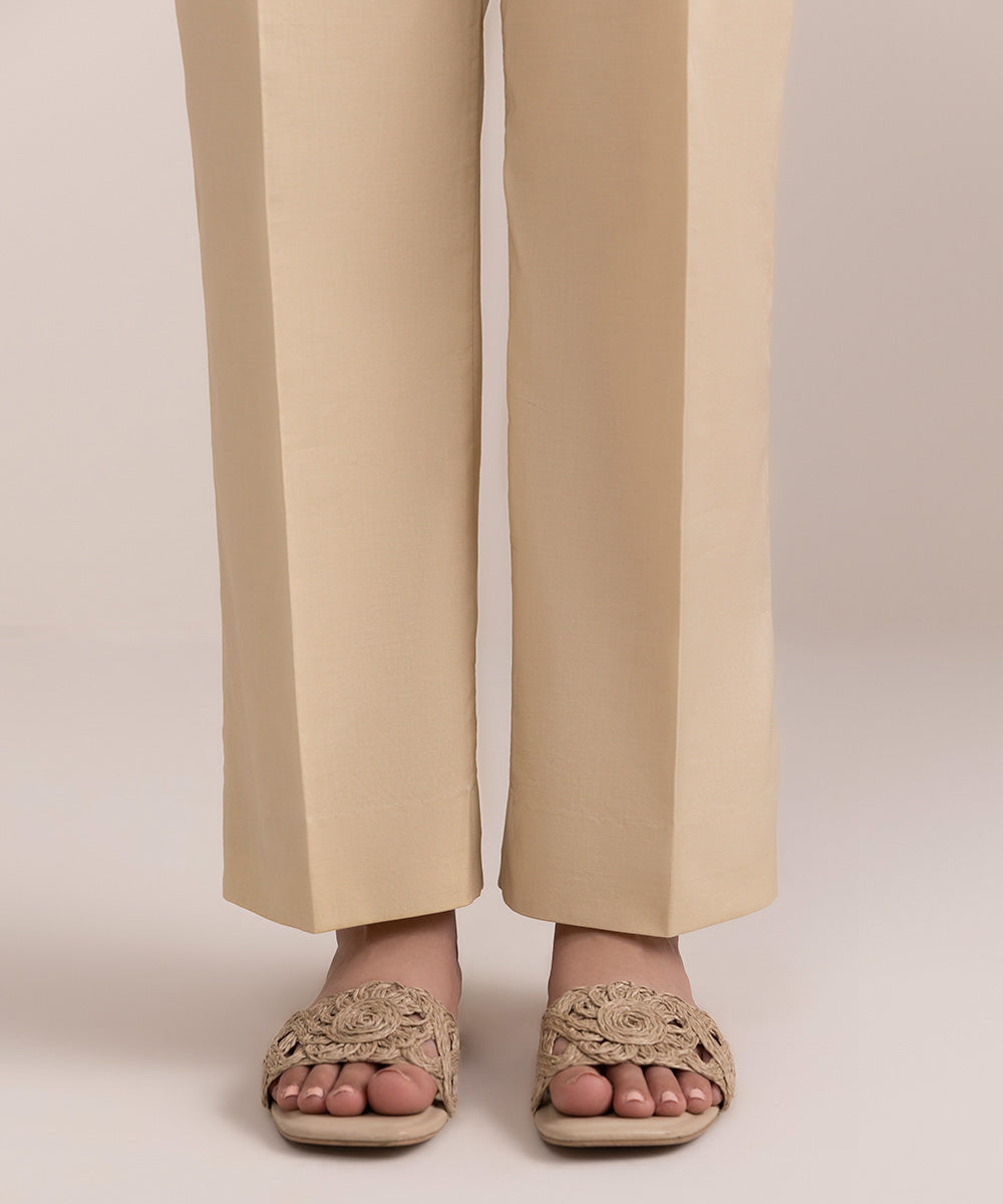 Women's Unstitched Cambric Printed Beige Trousers Fabric