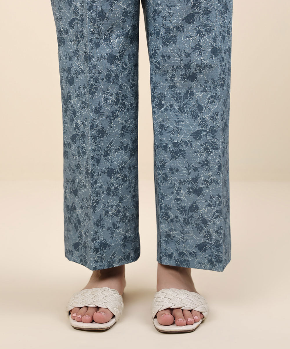 Women's Unstitched Khaddar Blue Printed Trousers Fabric 