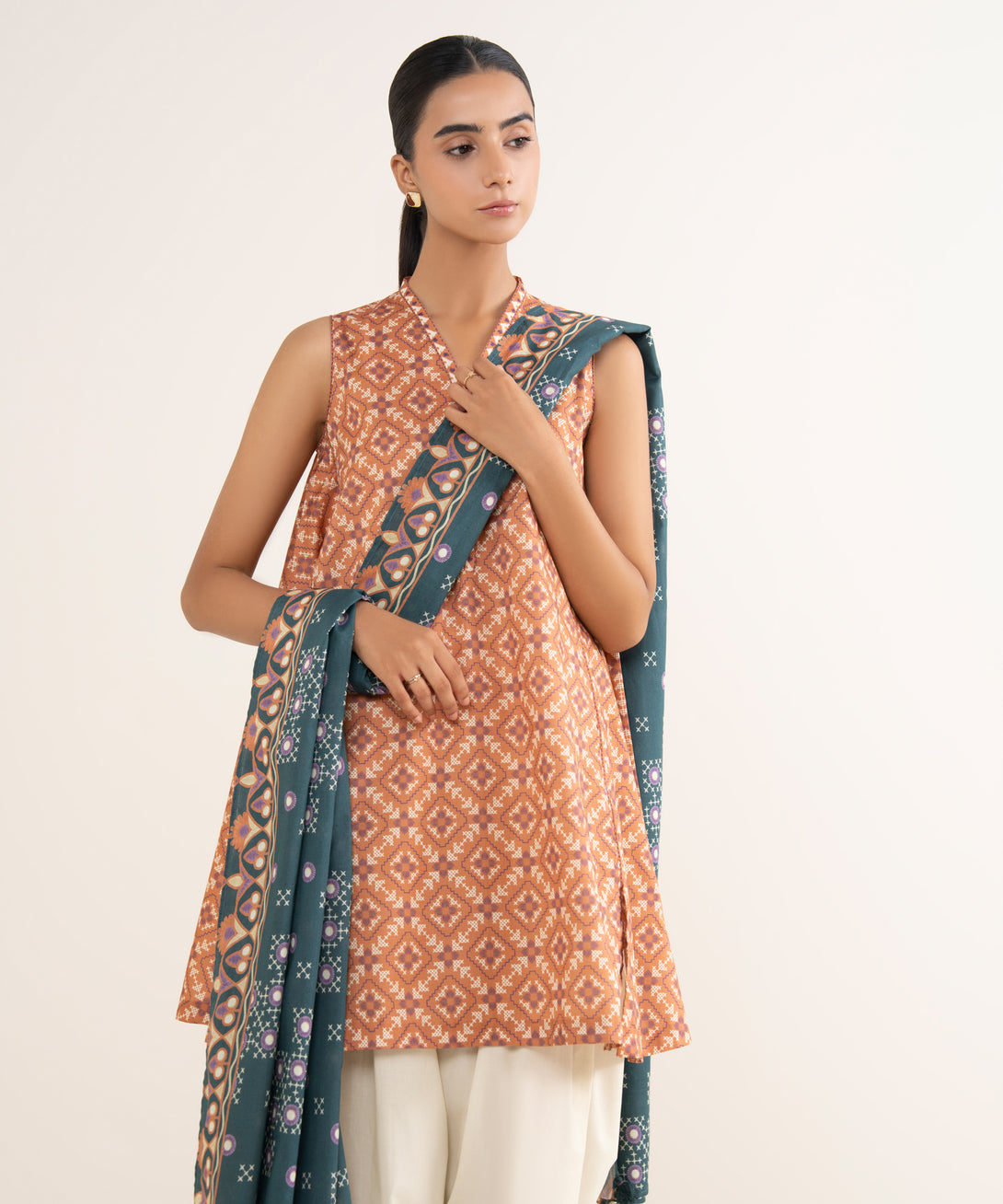 Women's Unstitched Lawn Printed Orange 2 Piece Suit