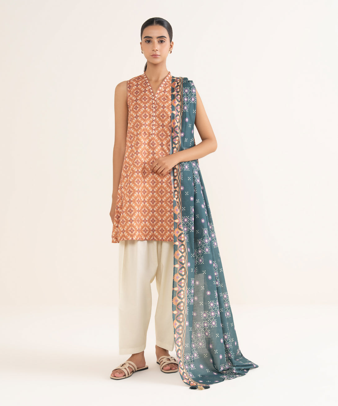 Women's Unstitched Lawn Printed Orange 2 Piece Suit