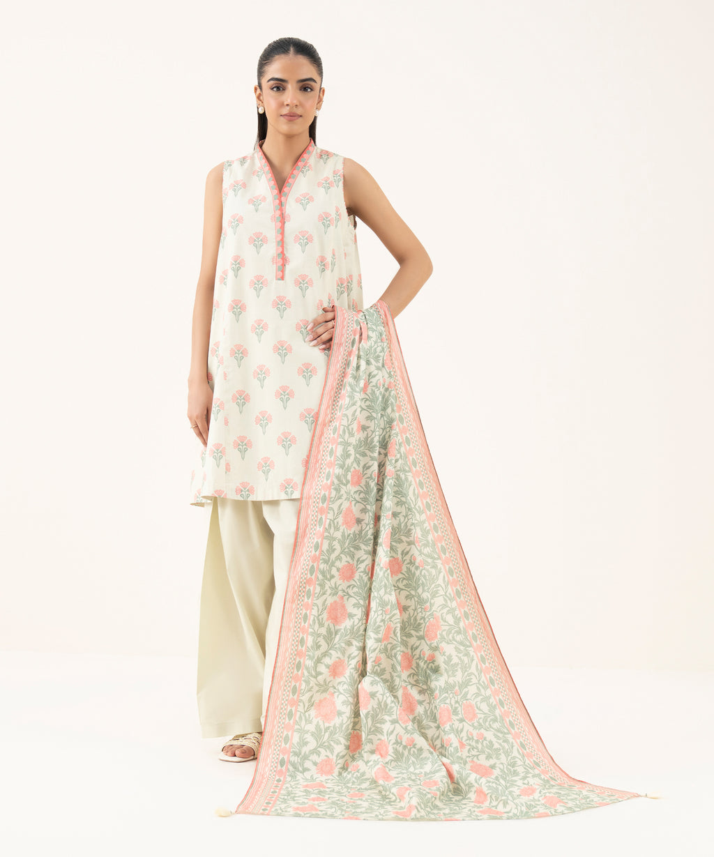Women's Unstitched Cotton Printed Multi Two Piece Suit