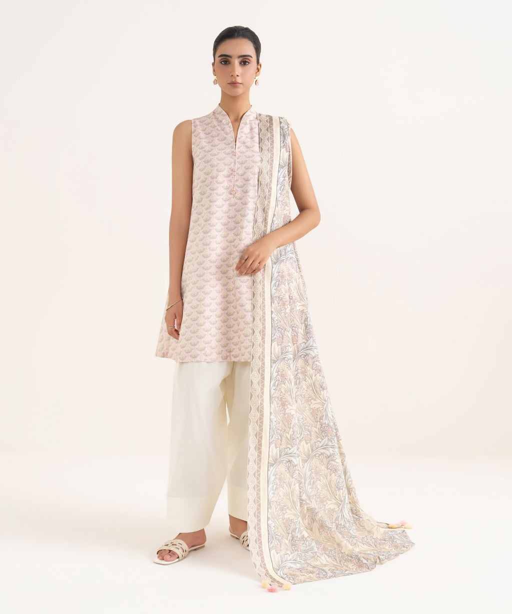 Women's Unstitched Cotton Printed Pink Two Piece Suit