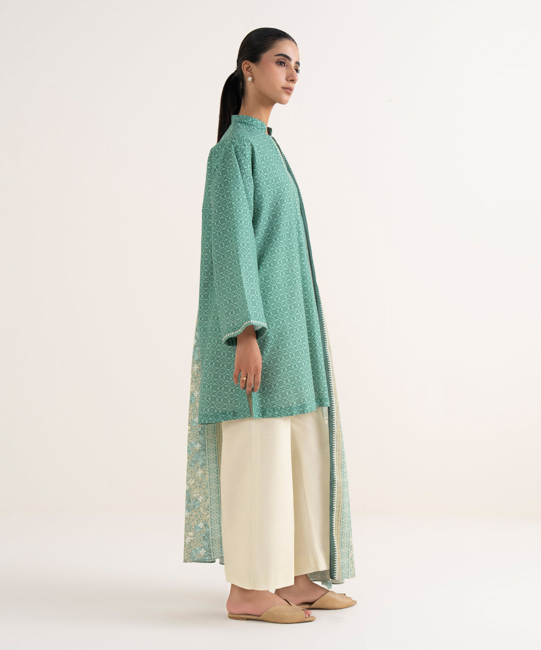 Women's Unstitched Light Khaddar Printed Green Two Piece Suit