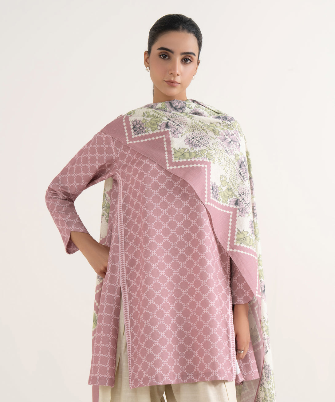 Women's Unstitched Light Khaddar Printed Pink Two Piece Suit