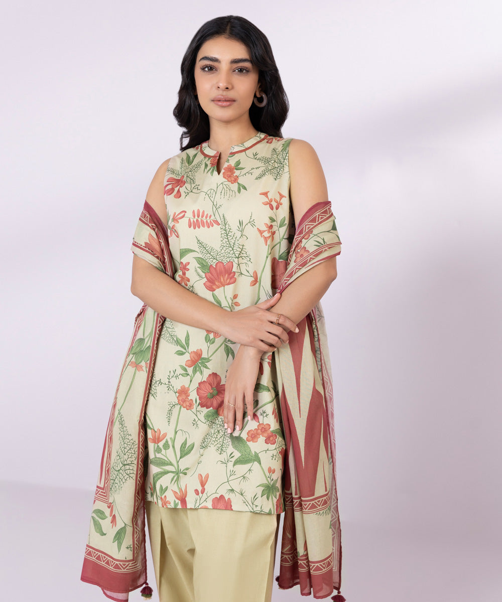 Women's Unstitched Lawn Printed Beige 2 Piece Suit