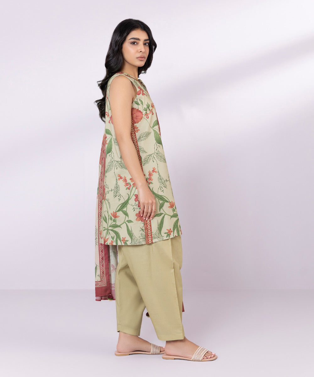 Women's Unstitched Lawn Printed Beige 2 Piece Suit