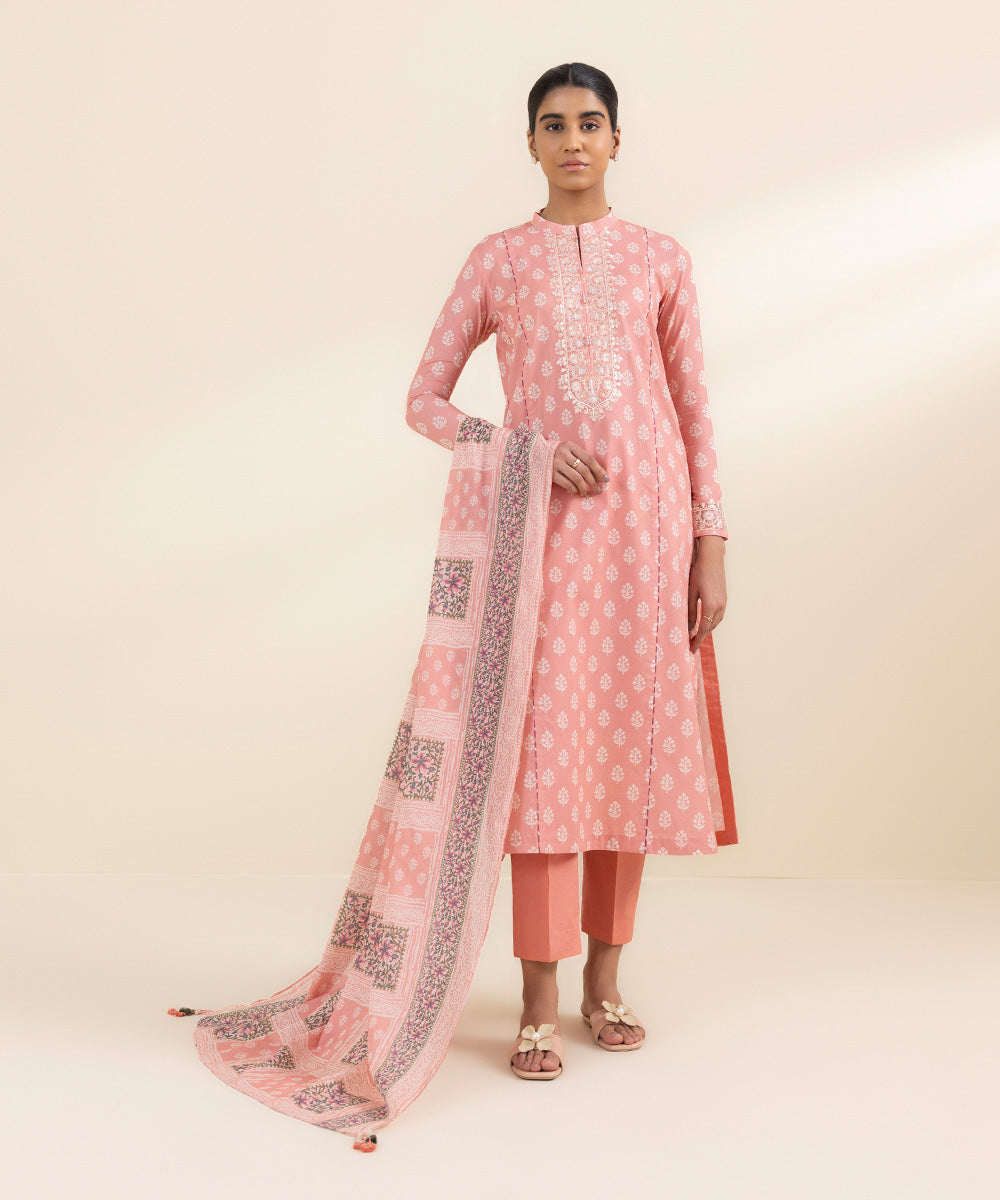 Women's Unstitched Lawn Pink Embroidered 2 Piece Suit