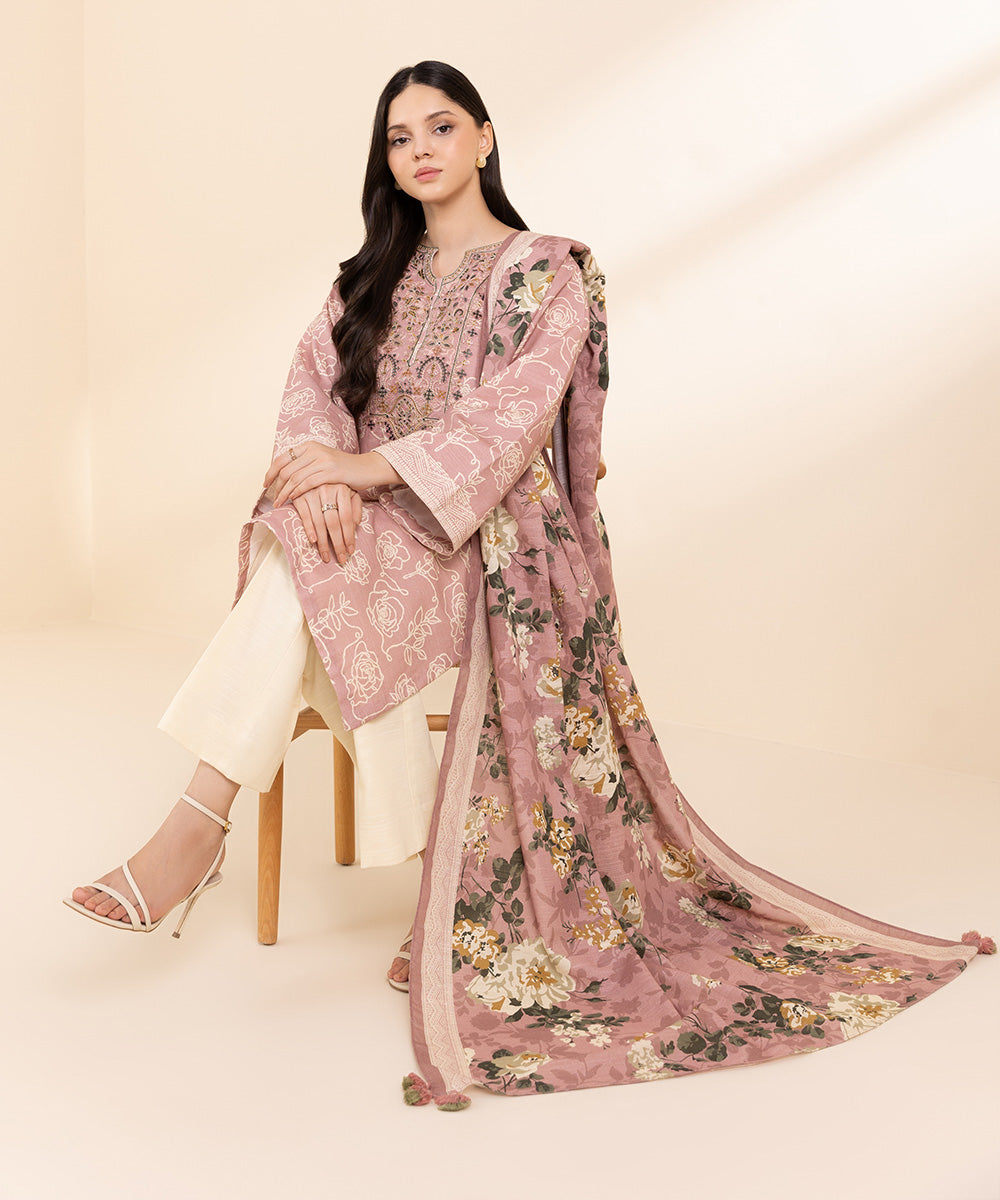 Women's Unstitched Light Khaddar Embroidered Pink 2 Piece Suit