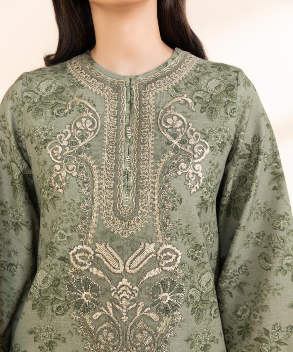 Women's Unstitched Light Khaddar Embroidered Green 2 Piece Suit