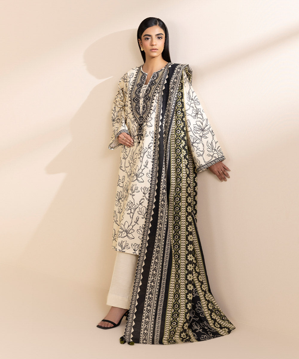 Women's Unstitched Light Khaddar Embroidered White 2 Piece Suit