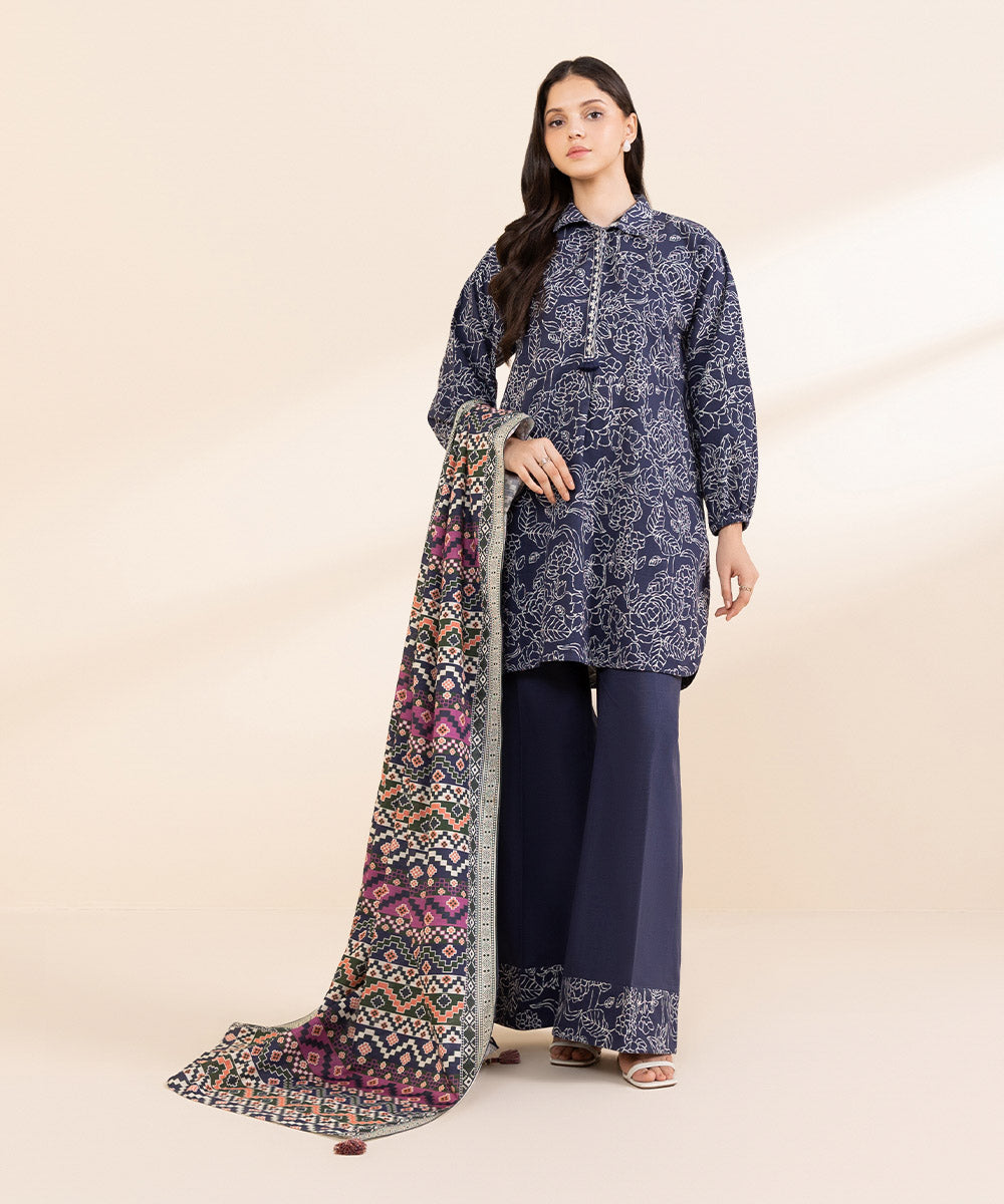 Women's Unstitched Light Khaddar Printed Blue 2 Piece Suit