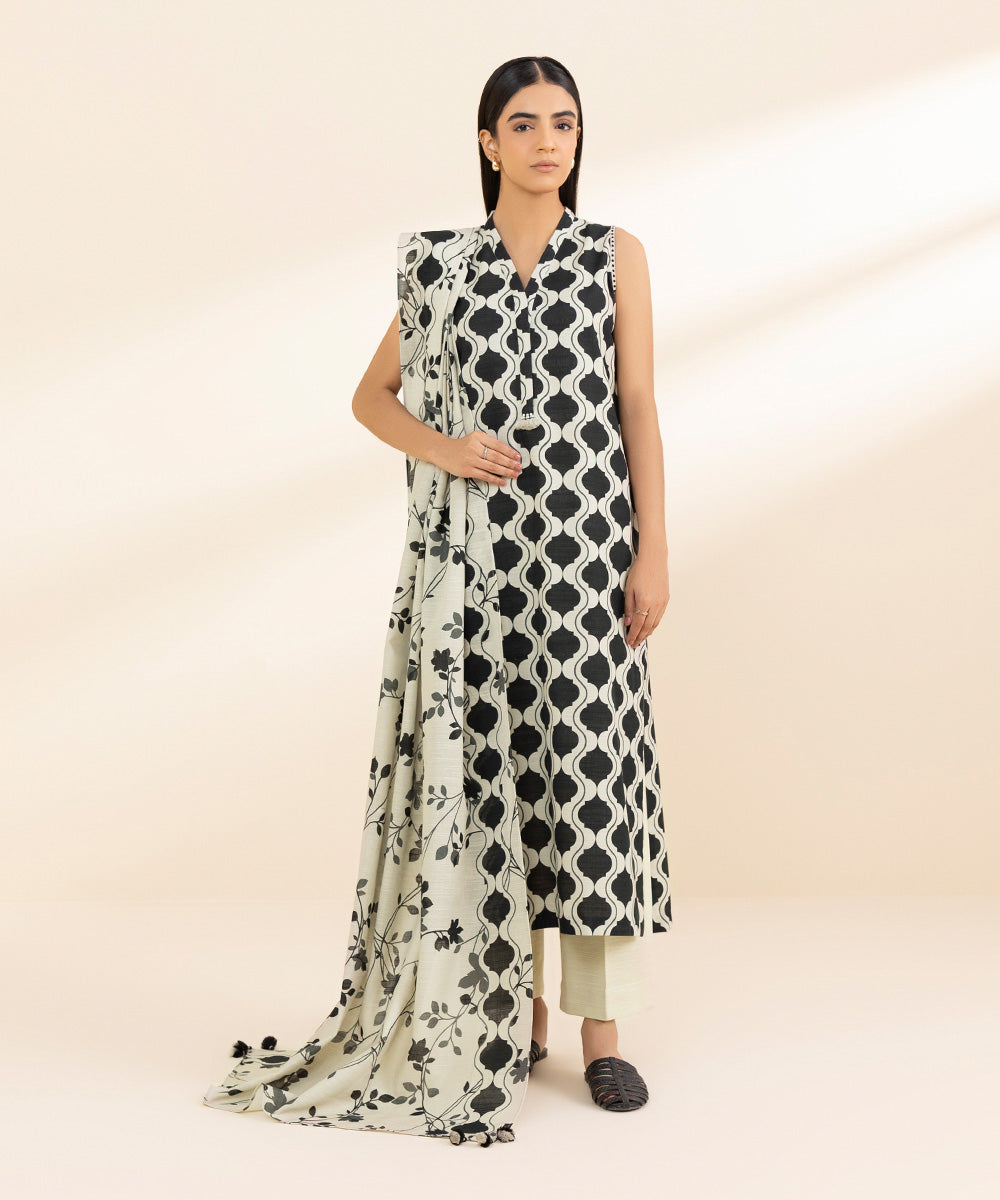 Women's Unstitched Khaddar Printed Black 2 Piece Suit