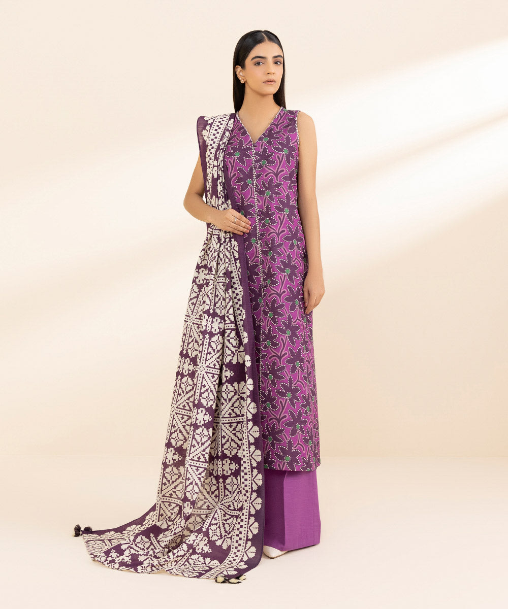 Women's Unstitched Khaddar Printed Purple 2 Piece Suit