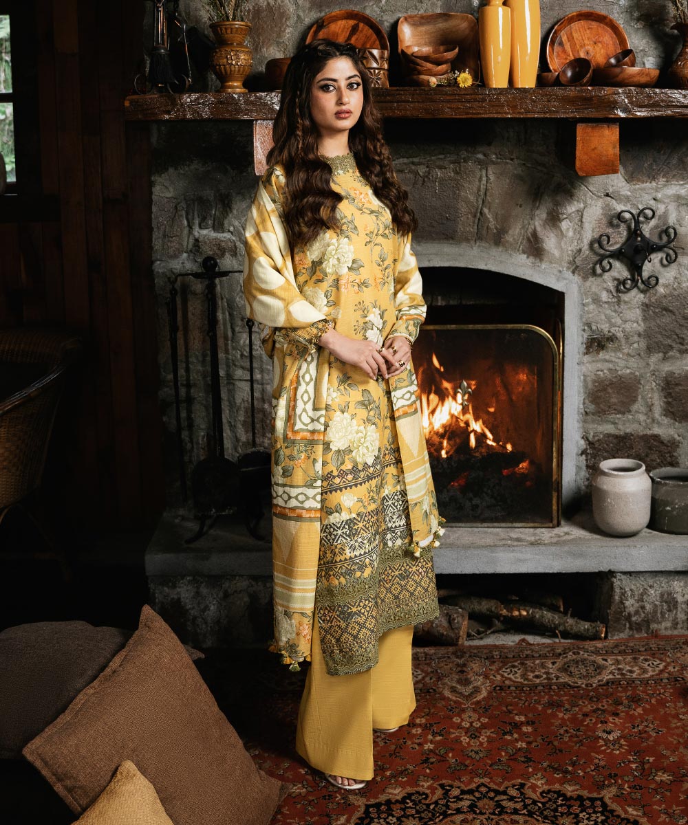 Women's Unstitched Light Khaddar Yellow Printed 2 Piece Suit