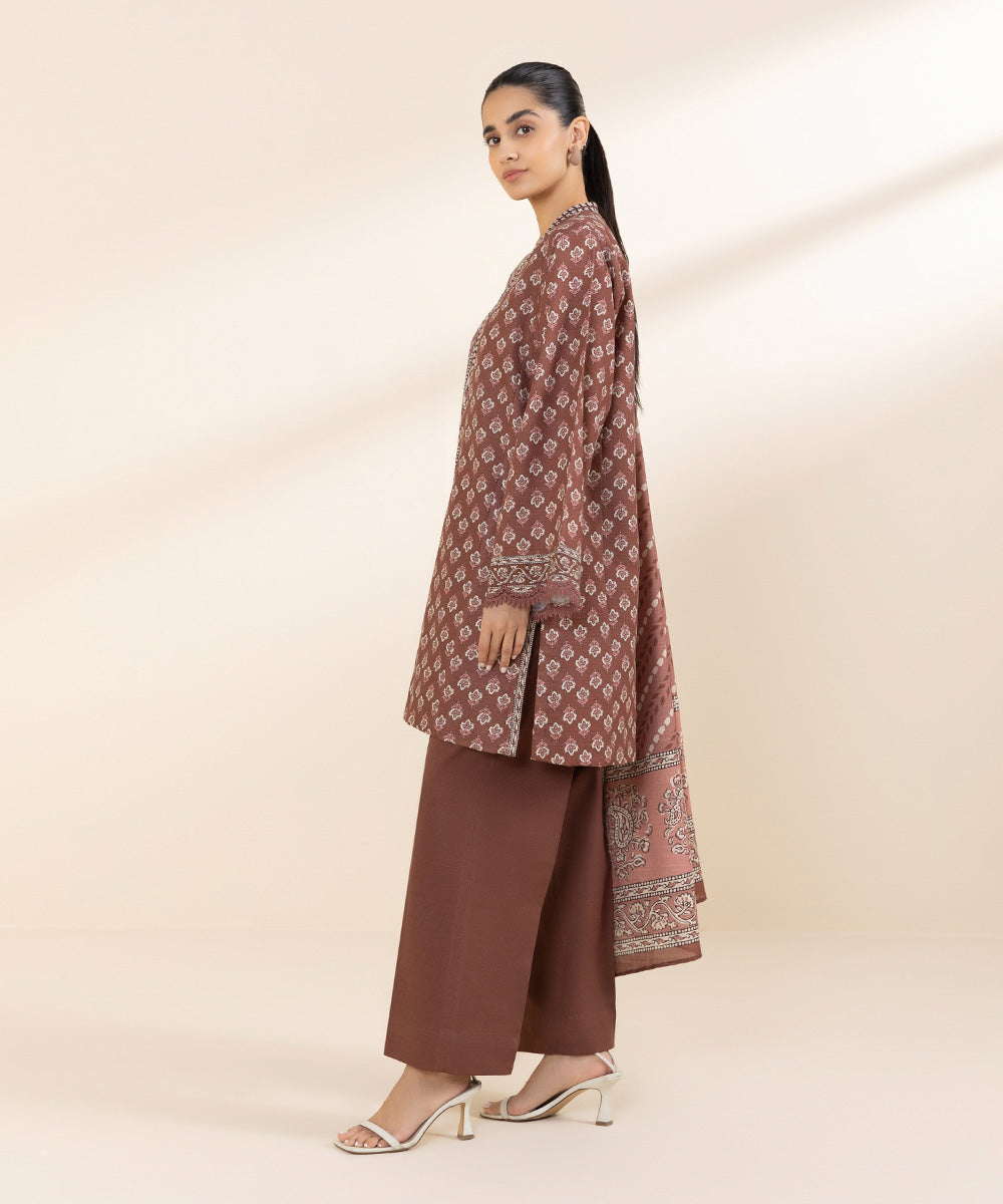 Women's Unstitched Khaddar Brown Printed 2 Piece Suit 