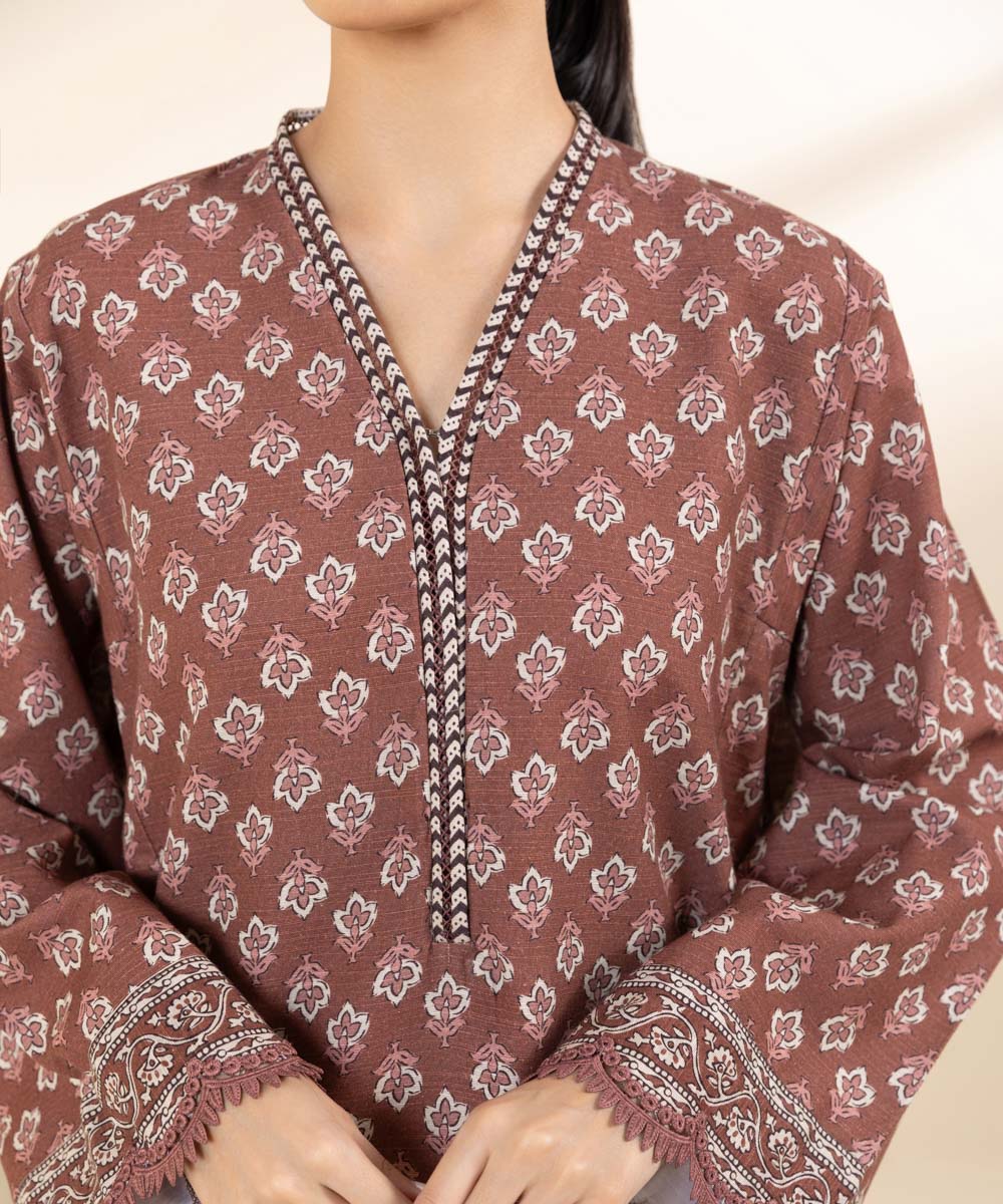 Women's Unstitched Khaddar Brown Printed 2 Piece Suit 