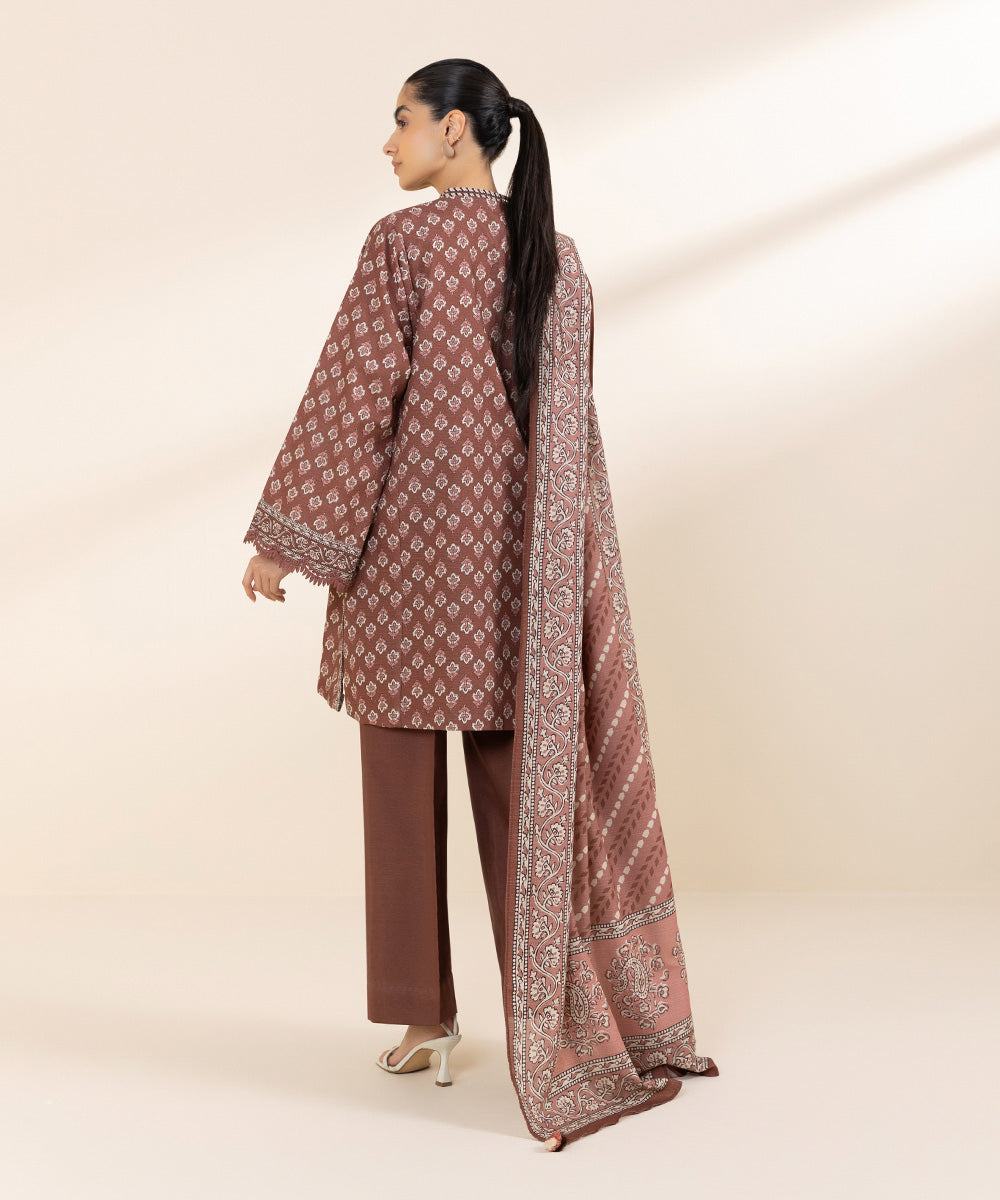 Women's Unstitched Khaddar Brown Printed 2 Piece Suit 