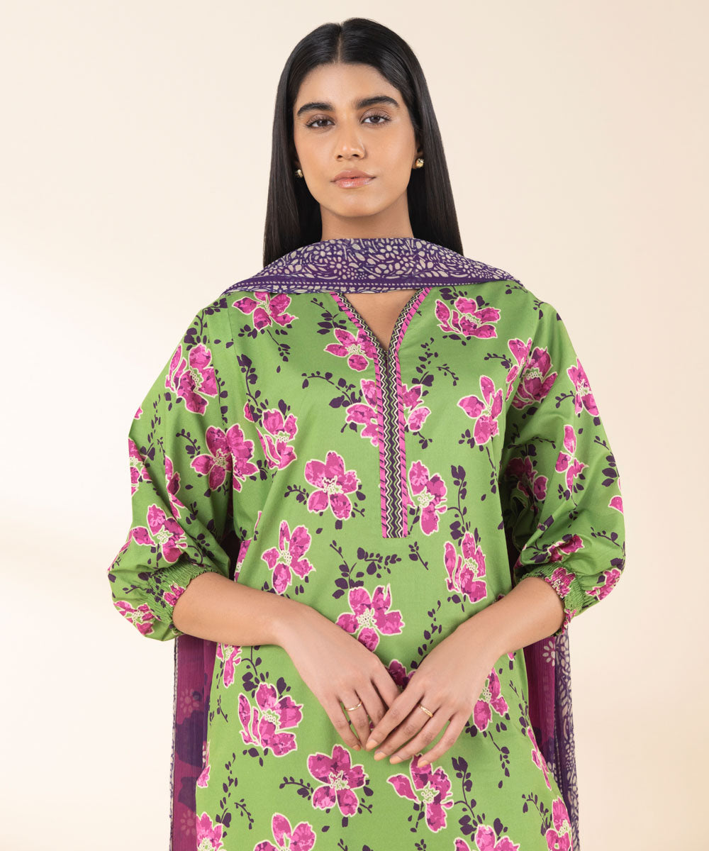 Women's Unstitched Lawn Printed Green 2 Piece Suit