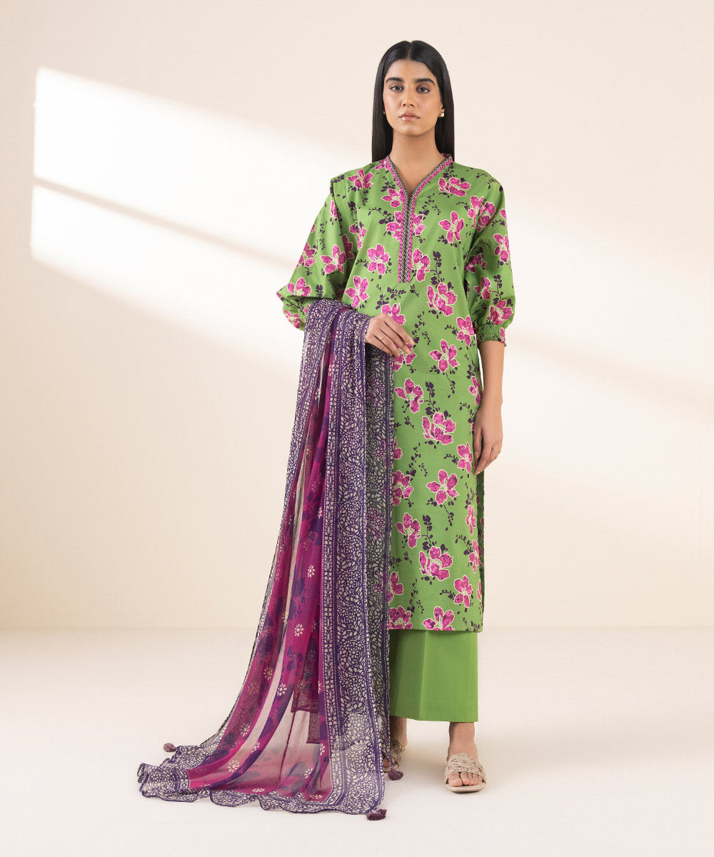 Women's Unstitched Lawn Printed Green 2 Piece Suit