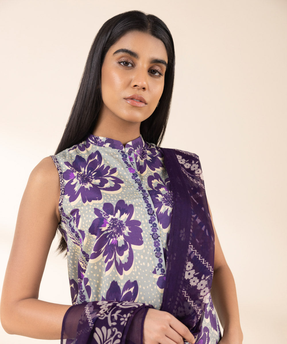 Women's Unstitched Lawn Printed Purple 2 Piece Suit