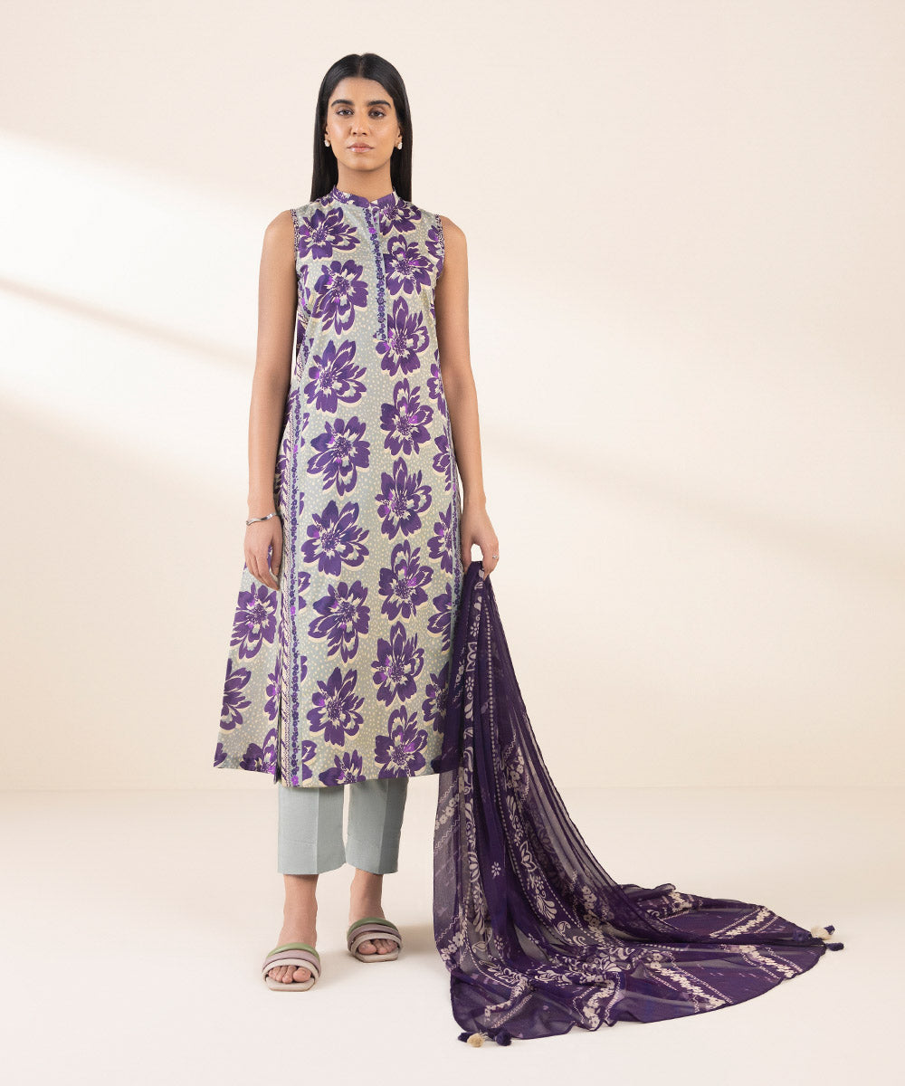 Women's Unstitched Lawn Printed Purple 2 Piece Suit