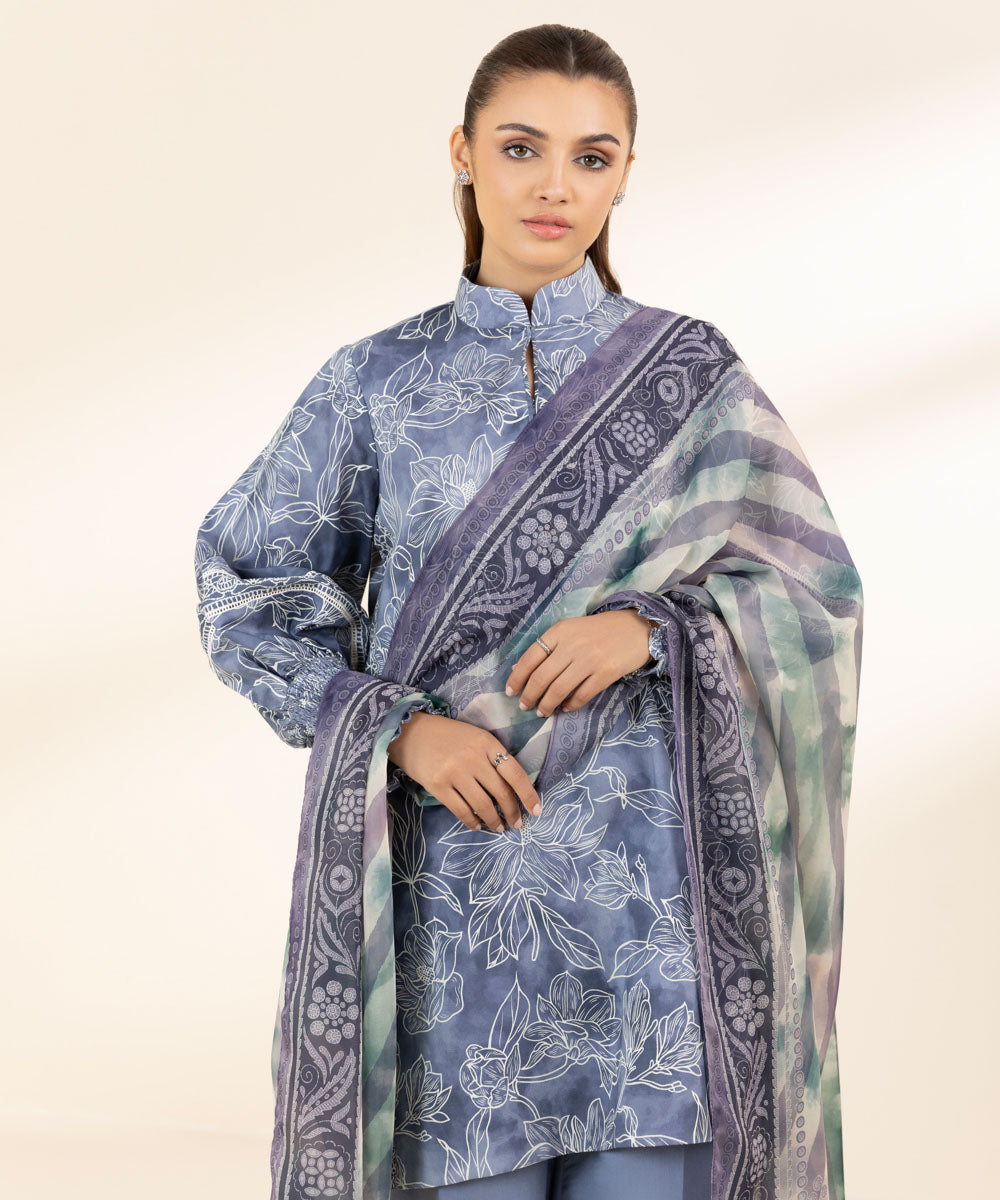 Unstitched Women's Printed Lawn Blue Two Piece Suit 