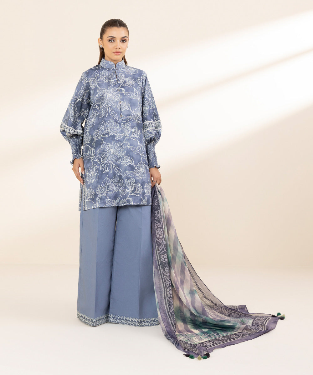 Unstitched Women's Printed Lawn Blue Two Piece Suit 