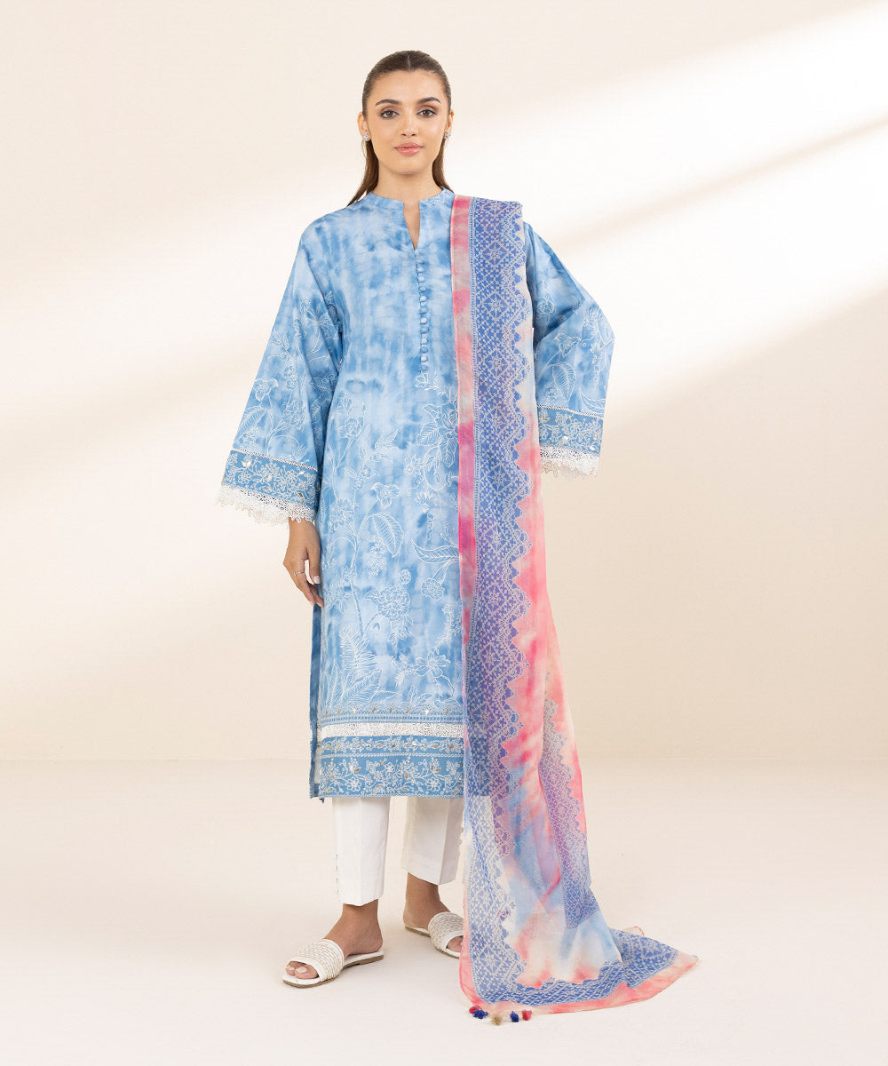 Unstitched Women's Printed Lawn Blue Two Piece Suit 