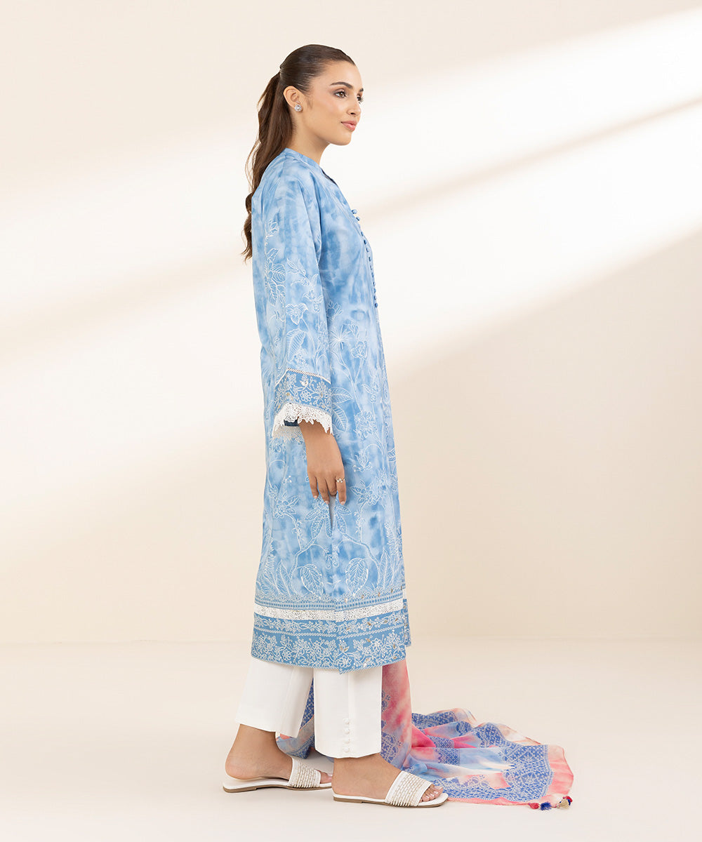 Unstitched Women's Printed Lawn Blue Two Piece Suit 