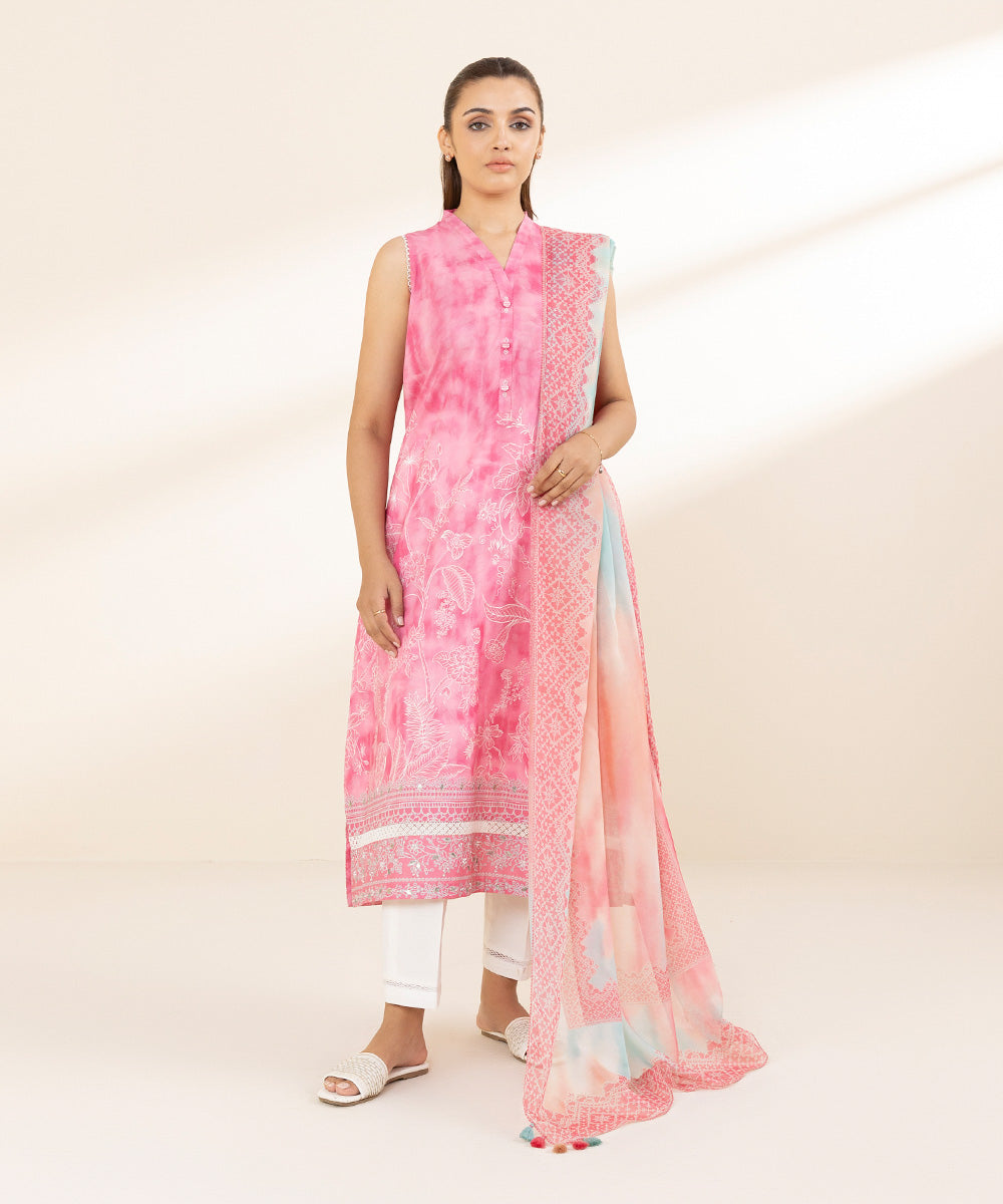 Unstitched Women's Printed Lawn Pink Two Piece Suit 