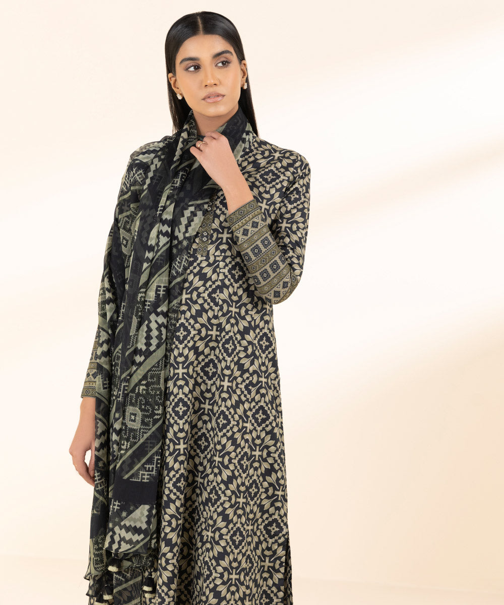 Unstitched Women's Printed Lawn Black Two Piece Suit 