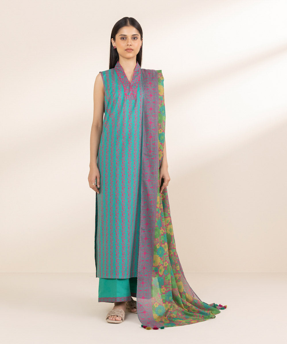 Unstitched Women's Printed Lawn Green Shirt Dupatta