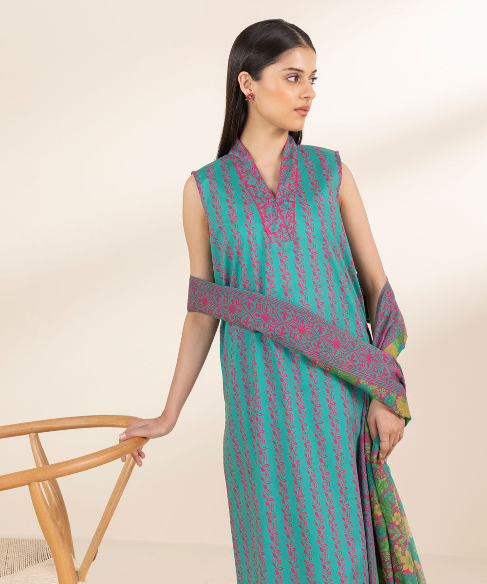 Unstitched Women's Printed Lawn Green Shirt Dupatta