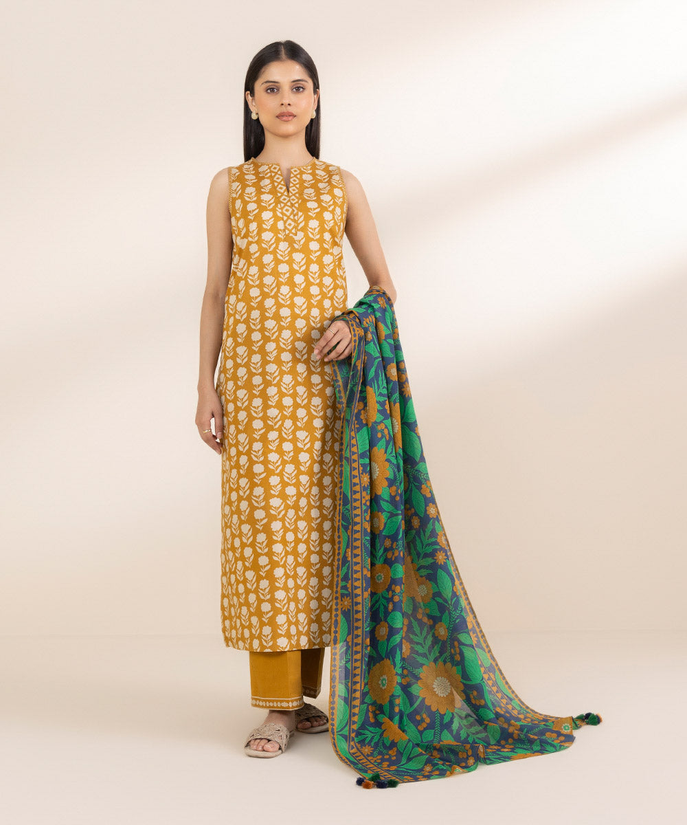 Unstitched Women's Printed Lawn Yellow Shirt Dupatta