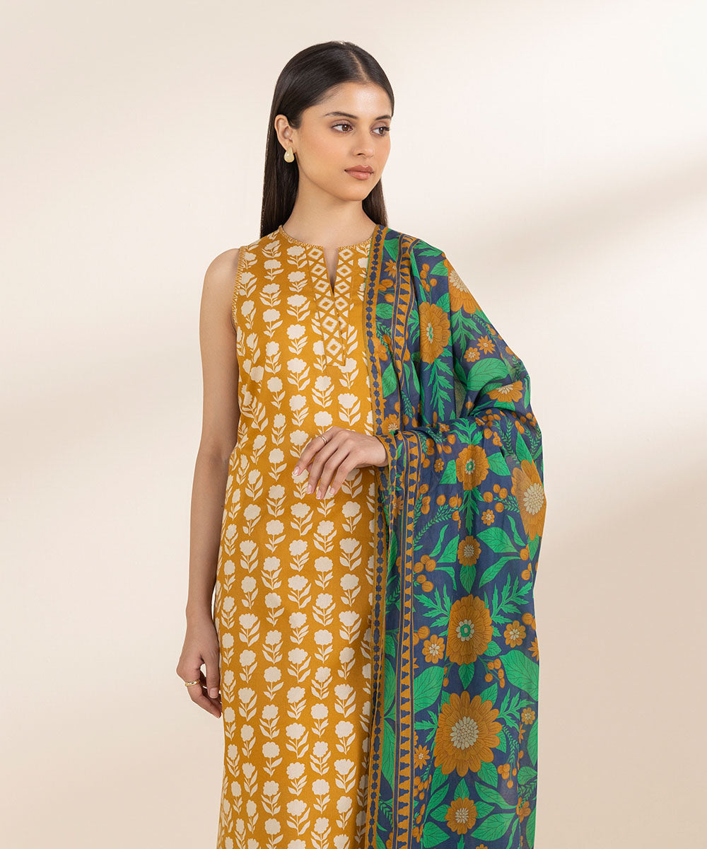 Unstitched Women's Printed Lawn Yellow Shirt Dupatta