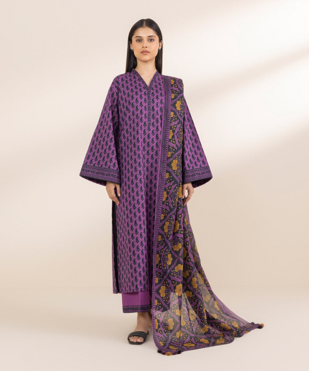 Unstitched Women's Printed Lawn Purple Shirt Dupatta