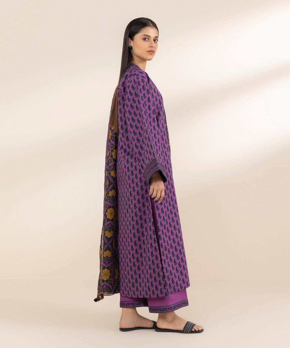 Unstitched Women's Printed Lawn Purple Shirt Dupatta