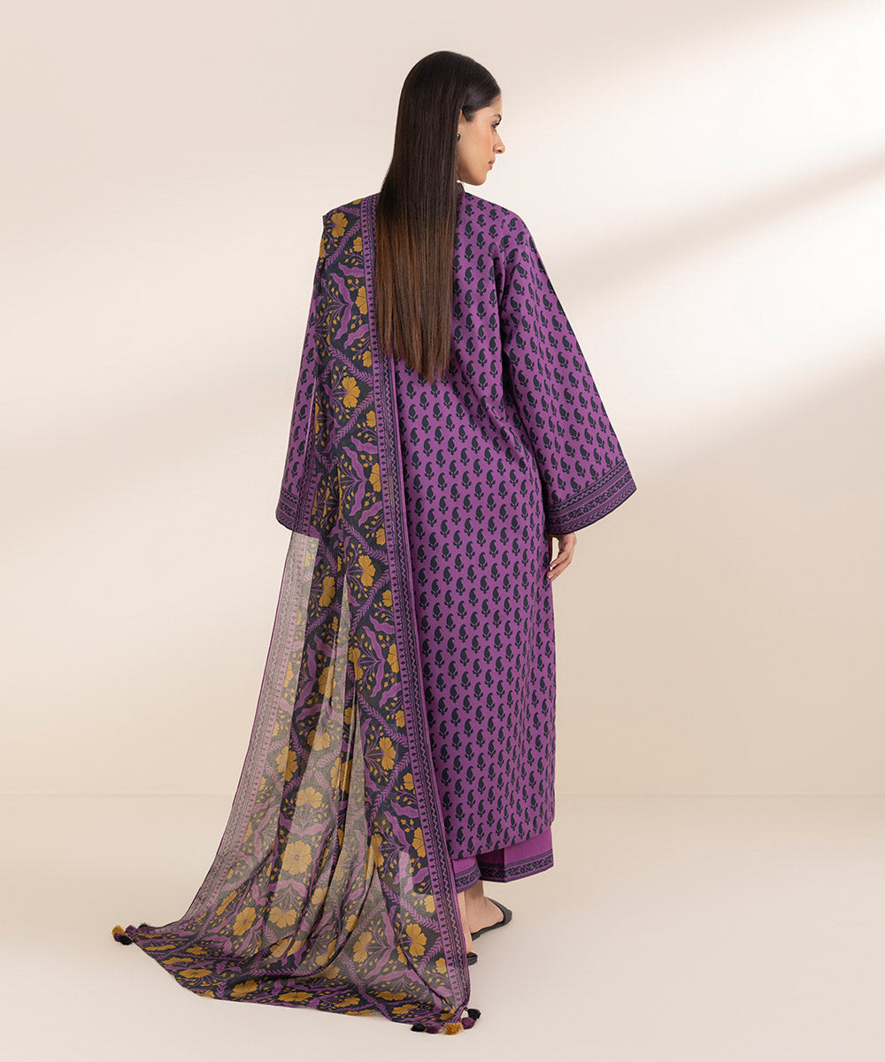Unstitched Women's Printed Lawn Purple Shirt Dupatta